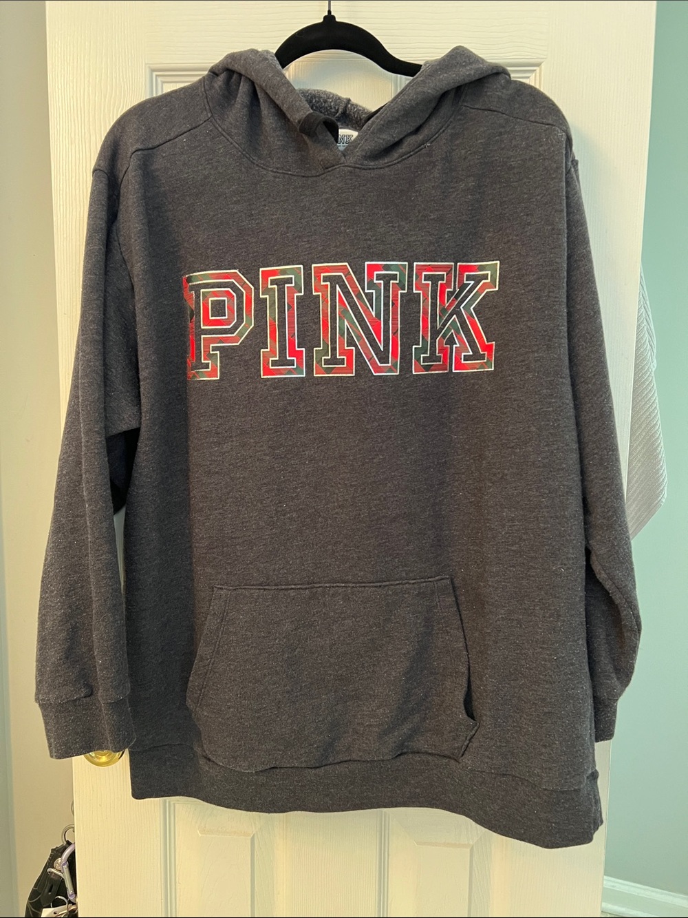 PINK Victoria's Secret Charcoal Gray Hoodie with Red Logo